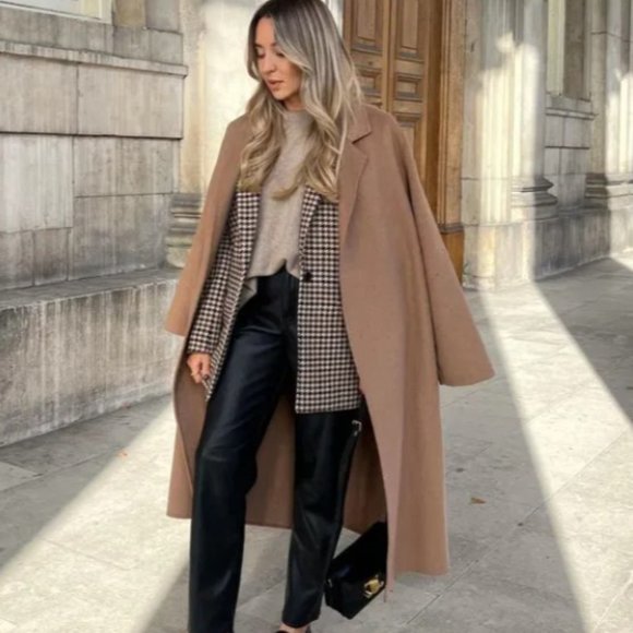 Zara coat wool blend oversized long camel belted rope trench coat - Picture 8 of 10